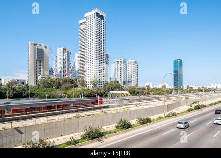 Israel, Tel Aviv-Yafo - 23 February 2019: Ayalon highway and Park Tzameret residential neighborhood in the background Stock Photo