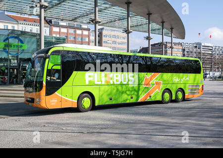 Flixbus intercity bus at Hamburg Central Bus Station. Flixbus is a brand which offers intercity bus service all over Europe. Stock Photo