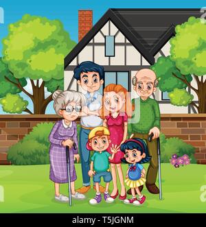 Family in front of the house yard illustration Stock Vector