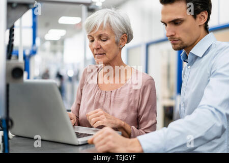 Businessman and senior businesswoman working on laptop in a factory Stock Photo