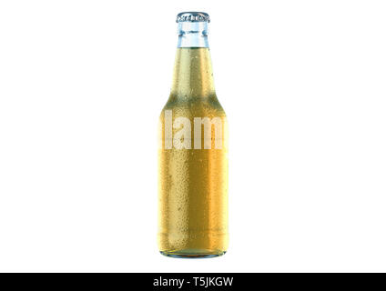 A clear glass beer bottle covered in water spritz and condensation droplets on an isolated white studio background - 3D render Stock Photo