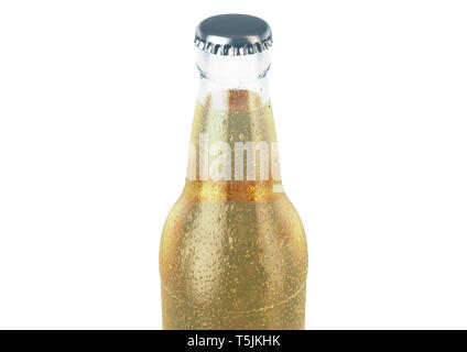 A clear glass beer bottle covered in water spritz and condensation droplets on an isolated white studio background - 3D render Stock Photo