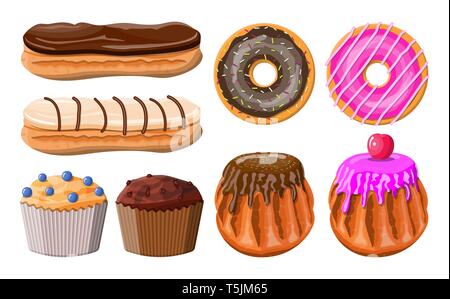 Sweet desserts set. Tasty food. Pastry or bakery. Eclair, donut, muffin. Chocolate cakes with cream custard and berry. Vector illustration in flat style Stock Vector