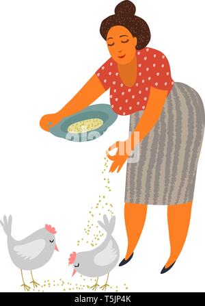 Woman feeding chickens, female farmer taking care of animal on farm, poultry breeding vector Illustration Stock Vector