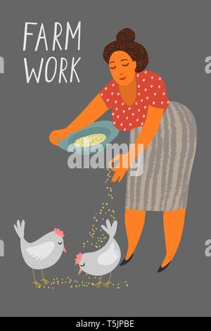 Woman feeding chickens, female farmer taking care of animal on farm, poultry breeding vector Stock Vector