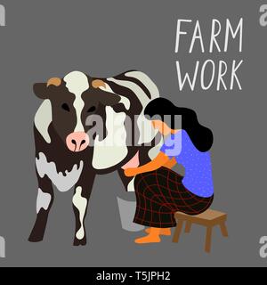 A woman sits on a chair and milks a black and white cow on a dark background. Cute flat vector Stock Vector