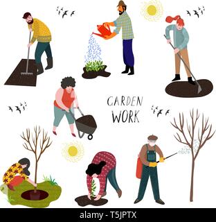 Set of isolated people working in the garden over planting, watering, developing the land and treating trees from pests. Vector Stock Vector