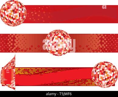 Three colorful red banners with disco balls, vector illustration Stock Vector