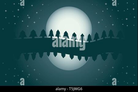 Romantic night landscape, reflection of moon in water, starry night, vector illustration Stock Vector