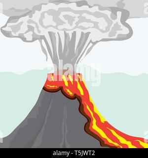 Fuming volcano with fiery lava and big column of smoke, vector illustration Stock Vector