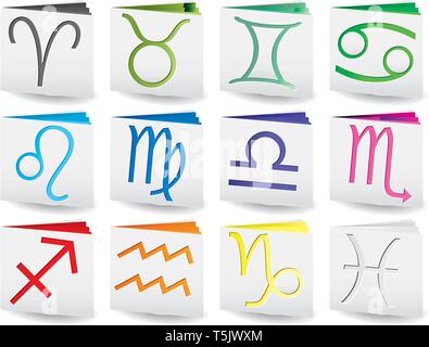 Set of folders with white covers and colored pages with zodiac signs on top, Aries, Taurus, Gemini, Cancer, Virgo, Libra, Scorpio, Sagittarius, Capric Stock Vector