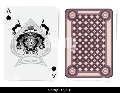 Ace of spades face with heraldic element with crossed spears and flags in center spades form and back with violet geometrical pattern on suit. Vector  Stock Vector