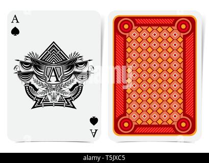 Ace of spades face with heraldic element with vintage weapon and flags in center spades form and back with geometrical red pattern on suit. Vector car Stock Vector