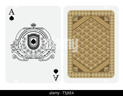 Ace of spades face with spades inside of floral pattern and abstract wreath and back with brown colors texture on suit. Vector card template Stock Vector