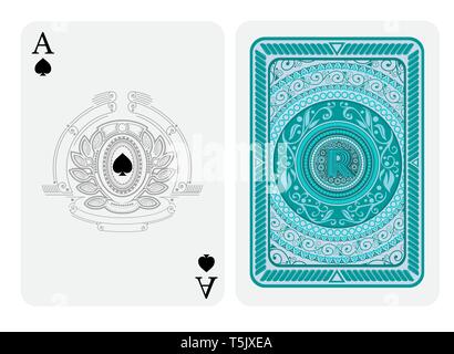 Ace of spades face with spades inside of shield and abstract wreath and back with blue colors round pattern and letter r on suit. Vector card template Stock Vector