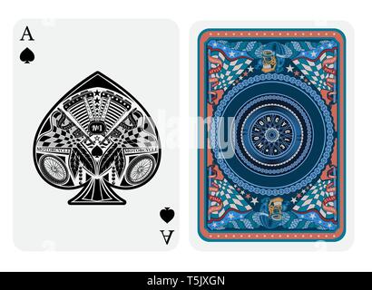 Ace of spades in motorcycle style. Face with bike motor, race flags, wheels inside spades form and back with motorcycle wheel and round pattern on blu Stock Vector