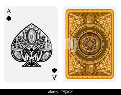 Ace of spades in motorcycle style. Face with bike motor, race flags, wheels inside spades form and back with motorcycle wheel and round pattern on gol Stock Vector