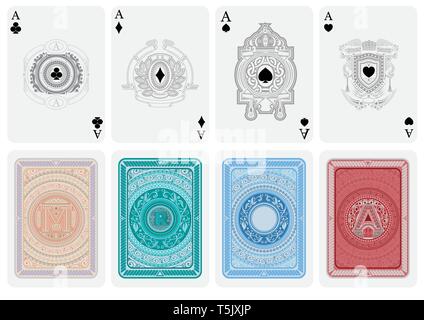 Set from four card aces with different faces in retro style with pattern and four backs with abstract suits Stock Vector