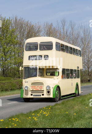 Ex Blackpool Corporation 1967 Leyland Titan PD3/11 double deck bus on a preserved bus passenger service between Brough and Kirkby Stephen, Cumbria, UK. Stock Photo