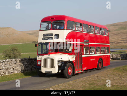 A vintage 1966 Daimler CVG6LX  double decker bus on a preserved passenger bus service near Kirkby Stephen, Cumbria, UK. Stock Photo