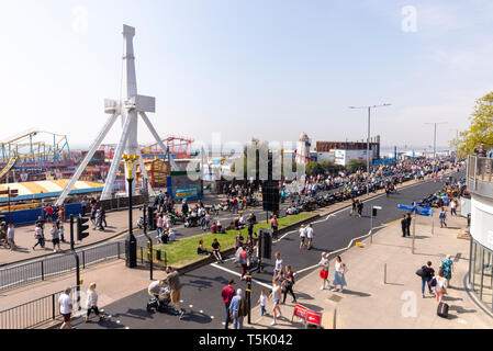 Southend on Sea, Essex, UK seafront on Easter Monday bank holiday. Adventure Island new Axis thrill ride Stock Photo