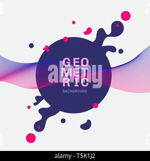 Abstract blue geometric shapes and splash circle with dynamic pink linear waves on white background. Vector illustration Stock Vector
