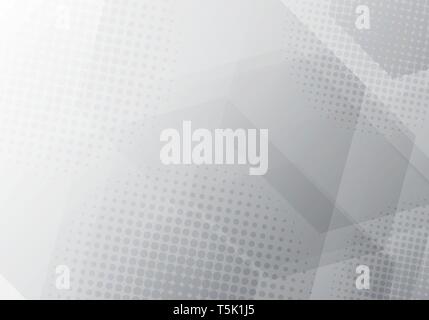 Abstract gray and white geometric hexagons overlapping background with radial halftone. Vector illustration Stock Vector