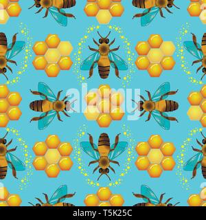 Bee and honey. Seamless pattern. Realistic style. Geometrical arrangement. Blue background Stock Vector