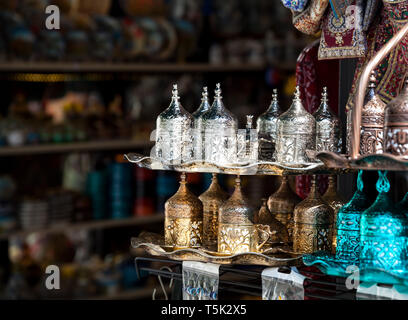 Copper and silver Turkish coffee sets at Istanbul market Stock Photo