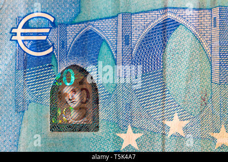 twenty euro bank note with safety hologram close up detail Stock Photo