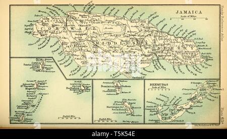 Beautiful vintage hand drawn map illustrations of Jamaica from old book. Can be used as poster or decorative element for interior design. Stock Photo