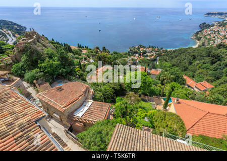 France, Alpes Maritimes, Roquebrune Cap Martin, overhead view on houses roofs and Roquebrune Bay // France, Alpes-Maritimes (06), Roquebrune-Cap-Marti Stock Photo