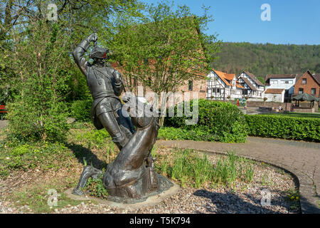 Bodenwerder, Germany, 21/04/2019: Sculpture of the 'Lügenbaron von Münchhausen' Stock Photo