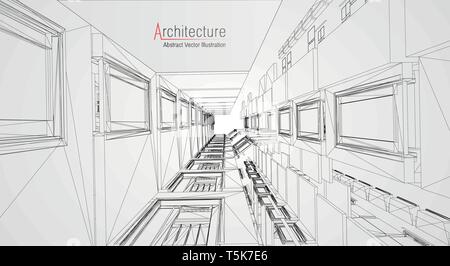 Modern architecture wireframe. Concept of urban wireframe. Wireframe building illustration of architecture CAD drawing. Stock Vector