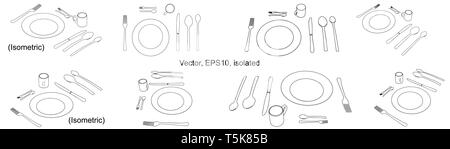 Cutlery set. Plate with spoon, knife, fork, teaspoon and cup. Tableware icon,  Isolated sign. Vector, isolated, EPS 10. Stock Vector