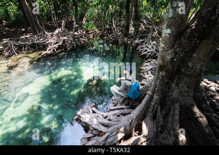 Man sitting on the roots of mangrove trees close to the pond in Tha Pom Klong Song Nam, Krabi province, Thailand Stock Photo