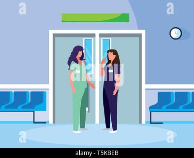 female medicine workers in elevator door vector illustration design Stock Vector