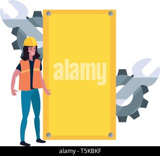 builder woman wrench gear board tool labour day vector illustration Stock Vector