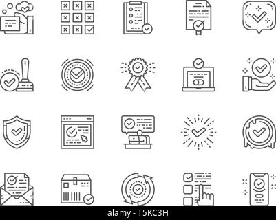 Set of Check Mark and Approve Line Icons. Certificate, Quality Control and more. Stock Vector