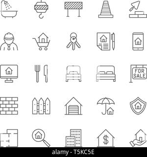 Set of Real Estate Line Icons. Bathroom, Industrial Crane, Road Barrier and more Stock Vector