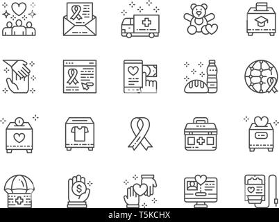 Set of Charity and Donation Line Icons. Volunteering, First Aid Kit and more. Stock Vector