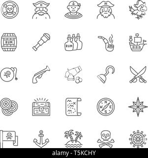 Set of Pirates Line Icons. Sailor, Boatswain, Captain, Parrot, Ship and more. Stock Vector