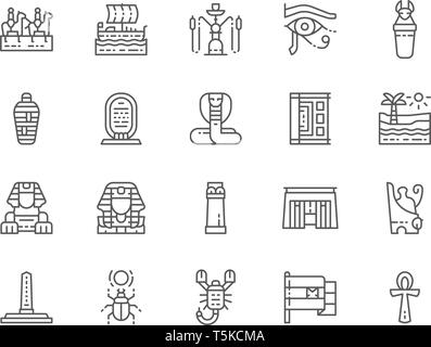 Set of Egyptian Culture Line Icons. Ancient Ship, Caravan, Hookah, Sarcophagus, Mummy, Desert Landscape, Scarab, Snake and more. Pack of 48x48 Pixel I Stock Vector