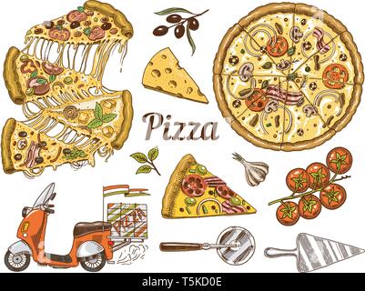 Set of pizza with cheese. Yummy italian vegetarian food with tomatoes, Seafood and olives. Ingredients for cooking and Motorcycle for delivery. Sketch Stock Vector