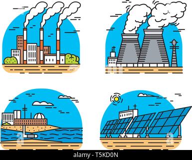 Power plants icons. Industrial buildings. Nuclear Factories, Chemical Geothermal, Solar Wind Tidal Wave Hydroelectric, Fossil fuel, Osmotic generating Stock Vector