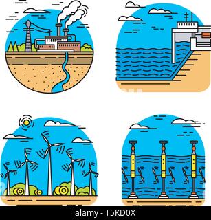 Generating energy. Power plants icons. Industrial buildings. Set of Ecological sources of electricity. Stock Vector
