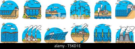 Power plants icons. Industrial buildings. Nuclear Factories, Chemical Geothermal, Solar Wind Tidal Wave Hydroelectric, Fossil fuel, Osmotic generating Stock Vector