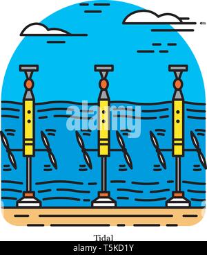 Tidal power plant. Form of hydropower that converts the energy obtained from tides into electricity. Powerhouse or generating station. Industrial Stock Vector