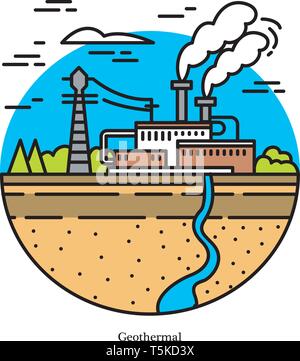 Geothermal power plant. Dry and flash steam powerhouse, binary cycle generating station. Industrial building icon. Ecological sources of electricity Stock Vector