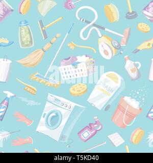 Cleaning tools seamless pattern. House icons background. Washing machine, Detergents Cleanser, Water bucket for Mopping, Chemicals Appliances for Stock Vector